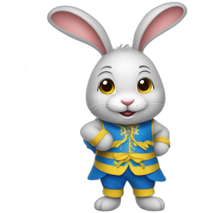 the rabbit is dressed in a costume in the color of the Ukrainian flag and smiles emoji