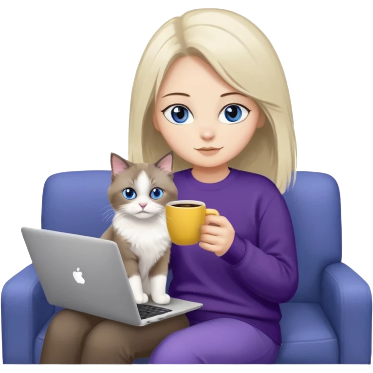 a cute blue eyed brown and white ragdoll cat with white paws and brown and beige tail wearing the dark violet sweater with yellow letteting "Milena" sitting on the grey sofa with grey laptop and drinking coffee emoji