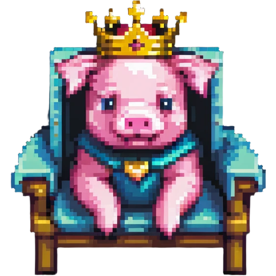 cartoon-like pixel art pig with a golden crown sitting on a throne, blocky and square like Minecraft, playful and expressive emoji