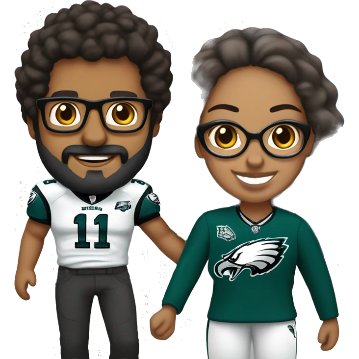 Brown guy with beard mustache and brown girl with glasses and hair in a bun in Philadelphia eagles clothes holding hands emoji