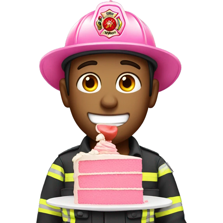 White male Firefighter eating pink birthday cake emoji