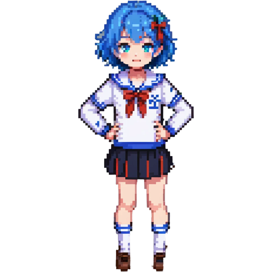 Pixel art anime girl with short bright blue hair wearing Japanese sailor style school uniform, trying to look confident with hand on hip but shyly waving with other hand, blushing cheeks and avoiding eye contact emoji