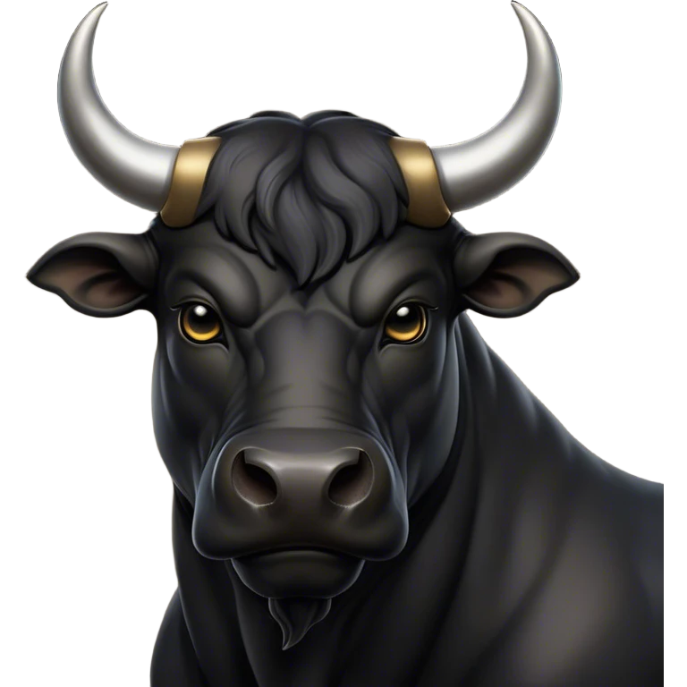 Cinematic Noble Black Bull Portrait Emoji, Poised and regal, with a massive, muscular build and a sleek, well-groomed pure black hide, deep-set soulful dark eyes, Simplified yet sharp and sophisticated features, highly detailed, glowing with a soft, dignified glow, high shine, intelligent and formidable, stylized with an air of strength, focused and attentive, soft glowing outline, capturing the essence of a watchful and confident guardian, so majestic it feels as though it could charge out of the screen with effortless authority! emoji