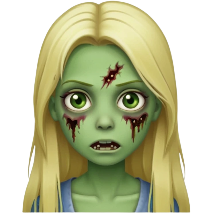 girl zombie with blonde straight long hair green skin and with no angry face and with the mouth closed emoji