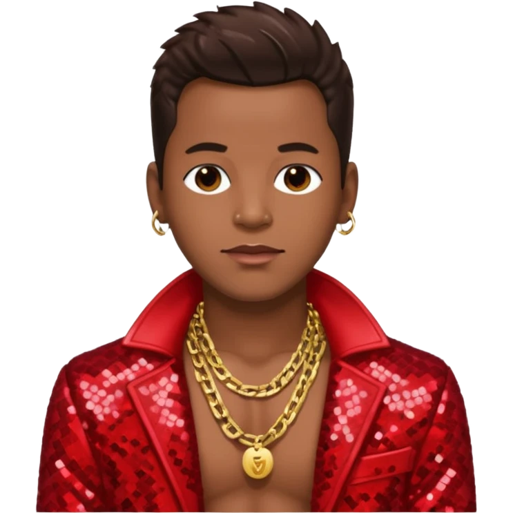 Bobby Brown with dark brown hair, red sequin jacket, shirtless with necklace emoji