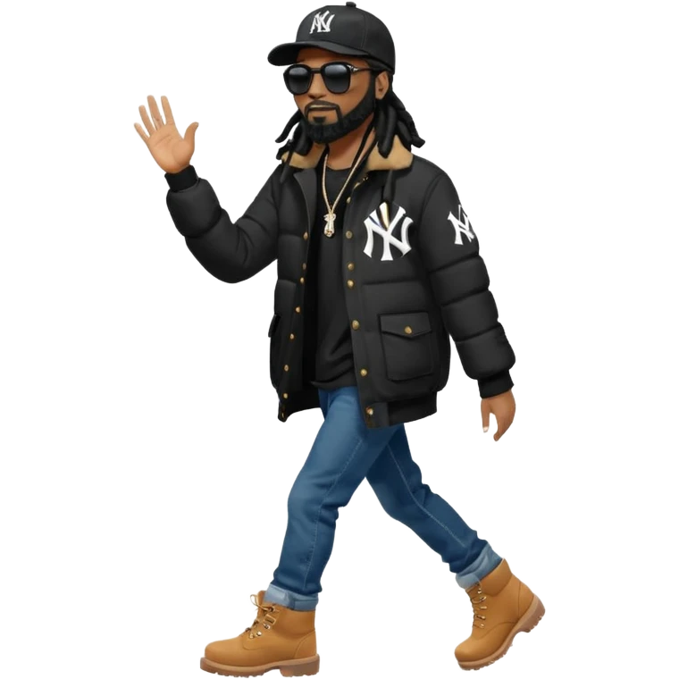 African American man with shoulder length black dreadlocks with black beard wearing black sunglasses wearing a black New York Yankees logo baseball cap wearing a black bubble winter coat with denim skinny jeans and timberland boots walking with hand up emoji