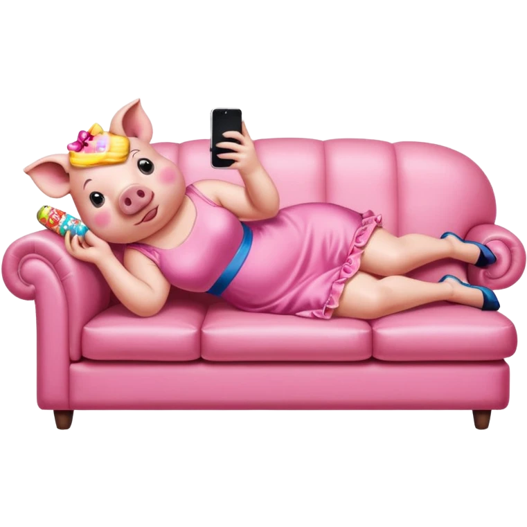 lady pig wearing pink kawaii dress reclining on couch scrolling on an iphone and eating candy pop art portrait emoji