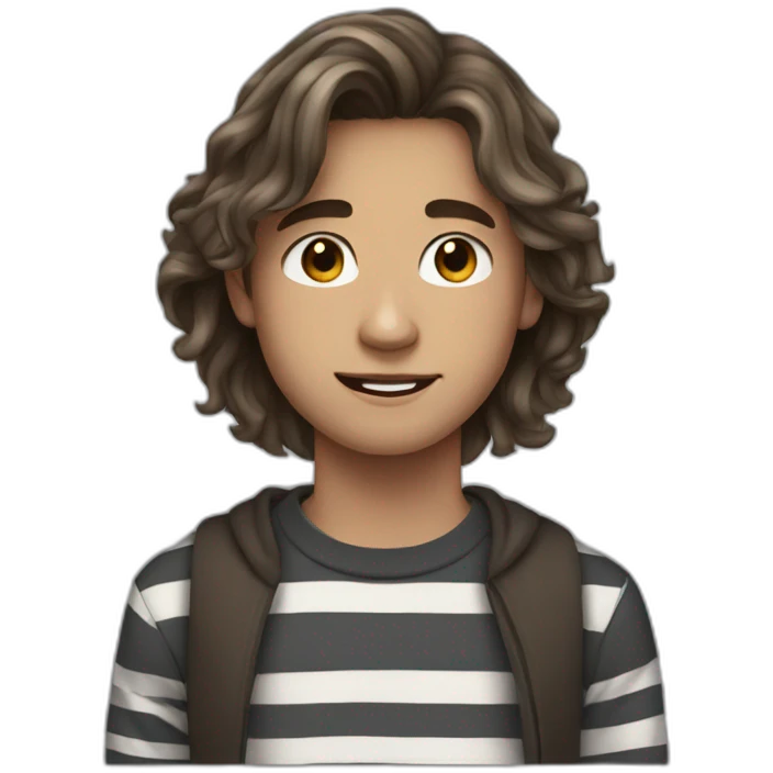 teenager boy brown long wavy hair and dark gray striped sweater emoji