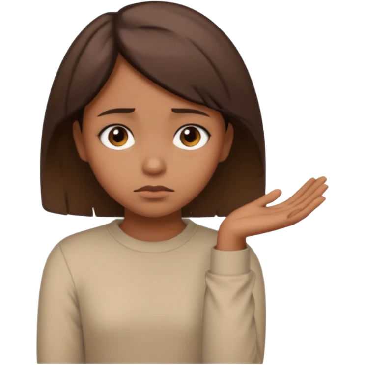 a brown girl with short brown hair wearing a beige full sleeve and looking sad emoji