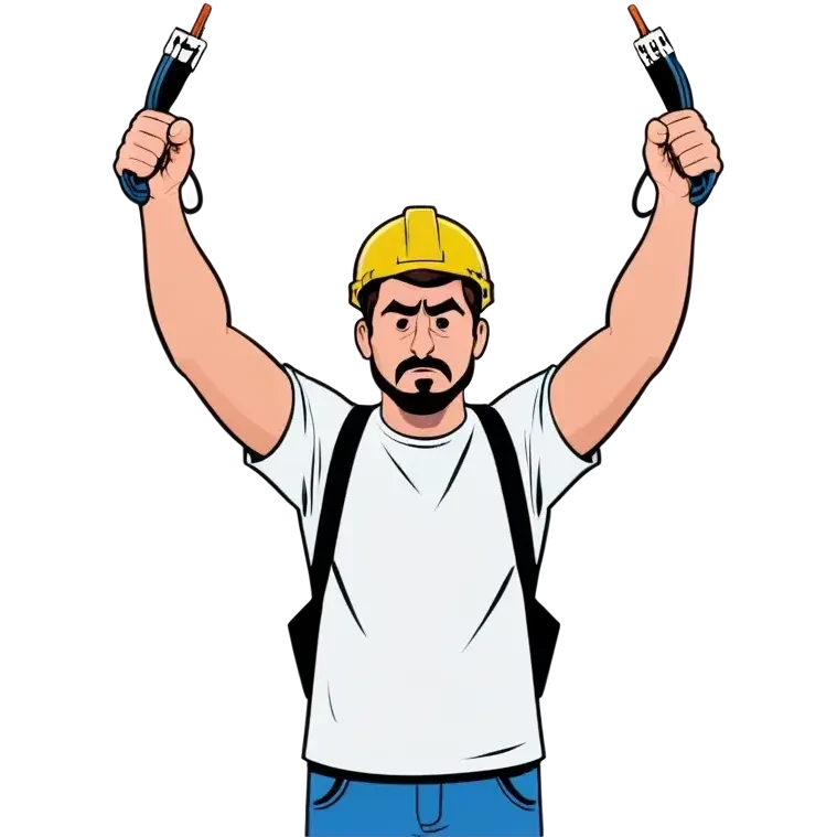 Man holding both arms in the air and holding an electrical cable der Man looks sad emoji