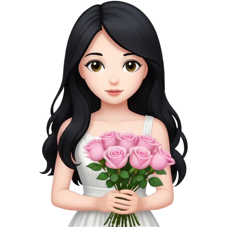 A beautiful girl with long black hair and a white dress is holding a bouquet of pink roses emoji