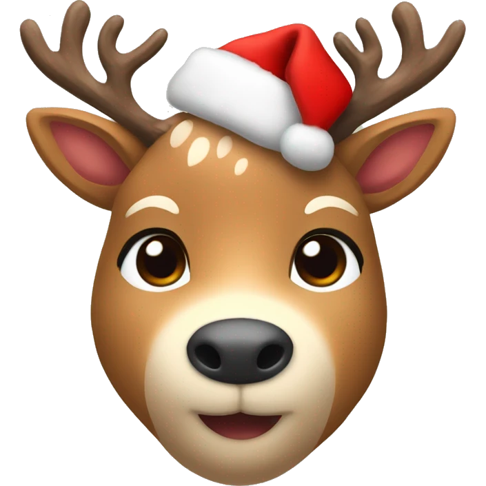 Create a cute deer emoji with soft brown fur, big kind eyes and horns. A red Christmas hat or a wreath of fir branches can be on the head to create a festive image emoji