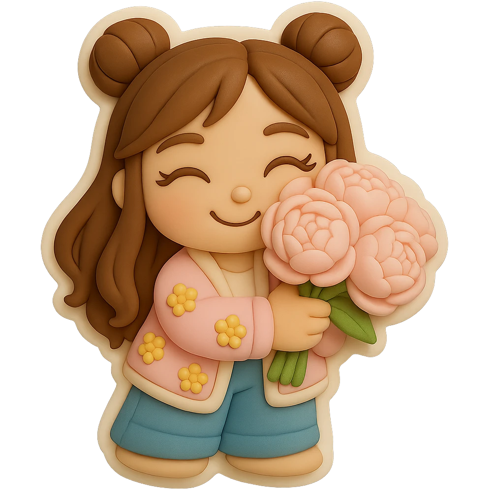 3D chibi fondant cake art style, high-quality rendering with smooth shadows and soft gradients. Girl based on reference image, preserving facial features and eye shape exactly as in the reference. Long brown hair styled in two space buns, brown eyes. Thick white outline like a sticker, transparent background. She is holding a bouquet of soft pink peonies to her cheek, eyes closed, smiling sweetly. emoji