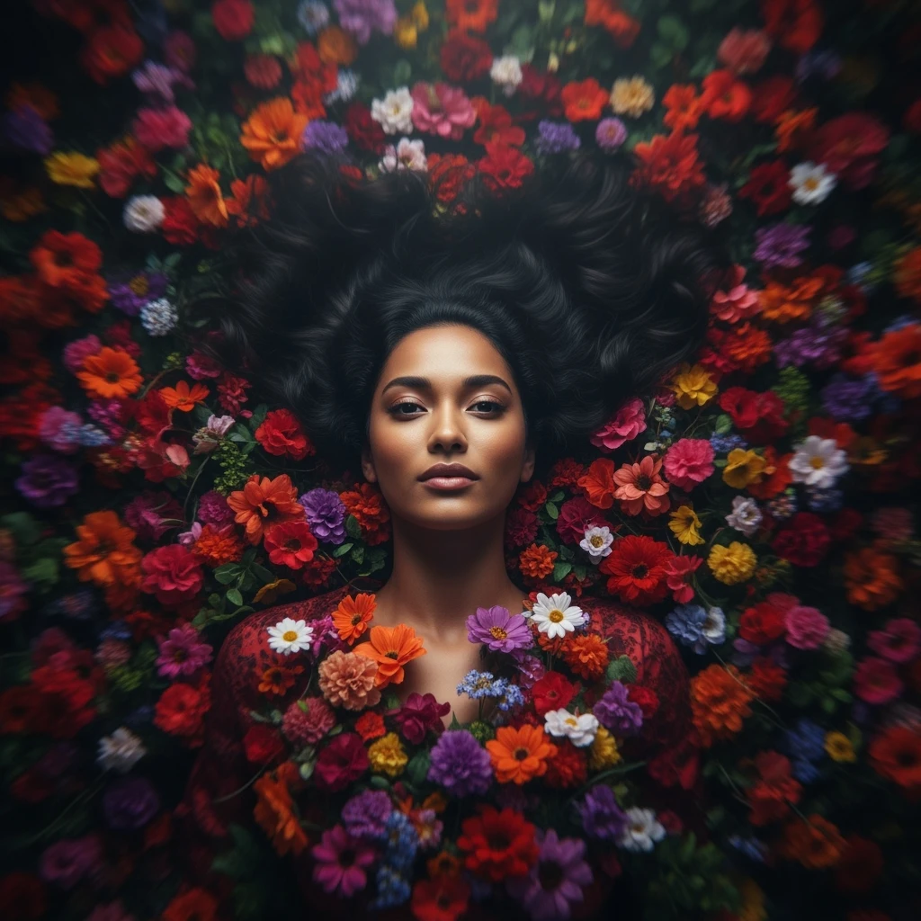 Camera drom top, Motion blur Extreme Closeup photo of a beautifull woman lay around beautifull colorfull flowers, cinematic light, 8K, very detailed, sharp, depth (foreground, midground, background) Spotlight, dark environemnt emoji
