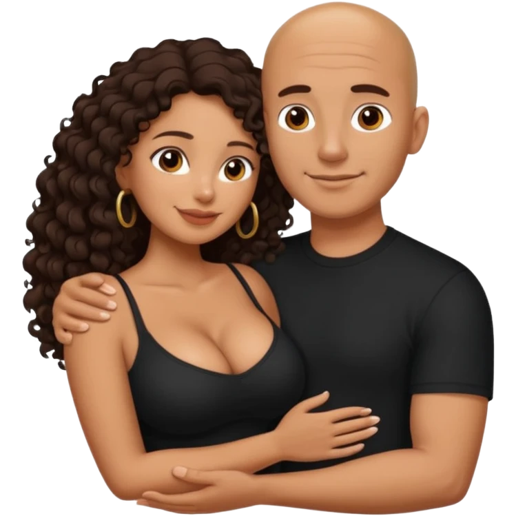 A picture of an embracing tanned couple. the man is a Mexican man with tanned skin, with a bald hair cut, and wearing a black shirt. the woman is mixed, glasses,  with long curly dark brown hair and with big boobs. Remove the glasses from the man emoji