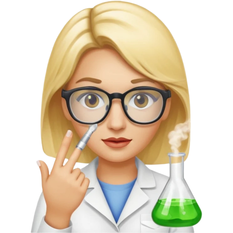 Eine hellblonde Chemikerin mit typischem Erlmeyerkolben in der Hand und Laborbrille auf emoji