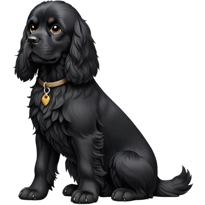 cinematic-[black cocker spaniel dog]-realistic-full-body-sitting-emoji,-tail-resting-loosely-beside-its-paws,-head-tilted-dramatically,-scruffy-[solid black]-fur,-simplified-yet-realistic-focused-features,-highly-detailed,-glowing-with-an-almost-sarcastic-glow emoji