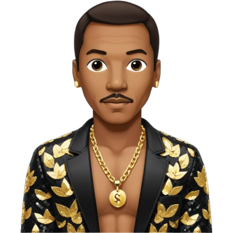 Eddie Murphy with dark brown hair, black sequin jacket, shirtless with necklace emoji