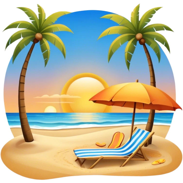 Icon for Beach Tourism: with the blue ocean, orange sunset, yellow sand beach and palm trees in the background, a sun umbrella, flip-flops, and a beach towel on the sand. The icon should represent relaxation and fun at the beach. Transparent background emoji