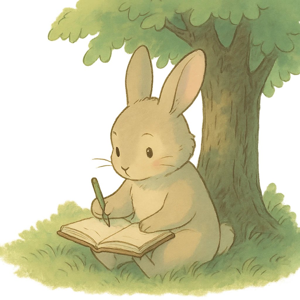 rabbit writing in a journal under a tree, pastel green and beige, soft ghibli style emoji