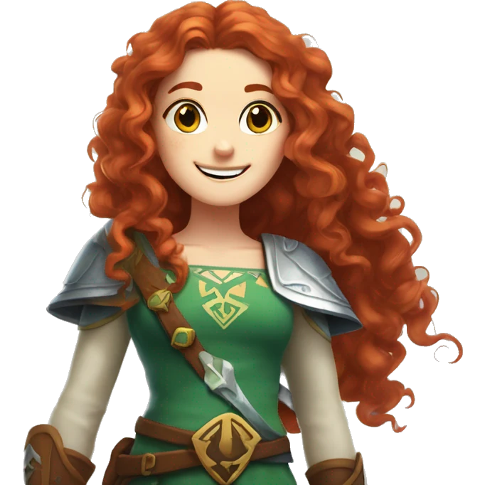 a white girl with long red curly hair and freckles, cosplaying Zelda posing and smiling emoji