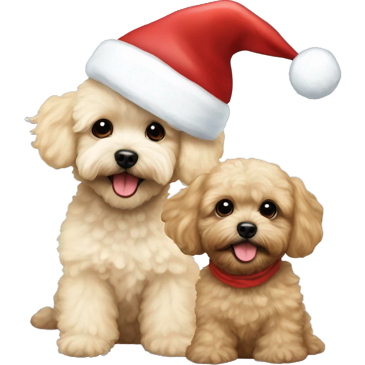 one dark maltipoo and one blonde maltipoo wearing santa hat emoji