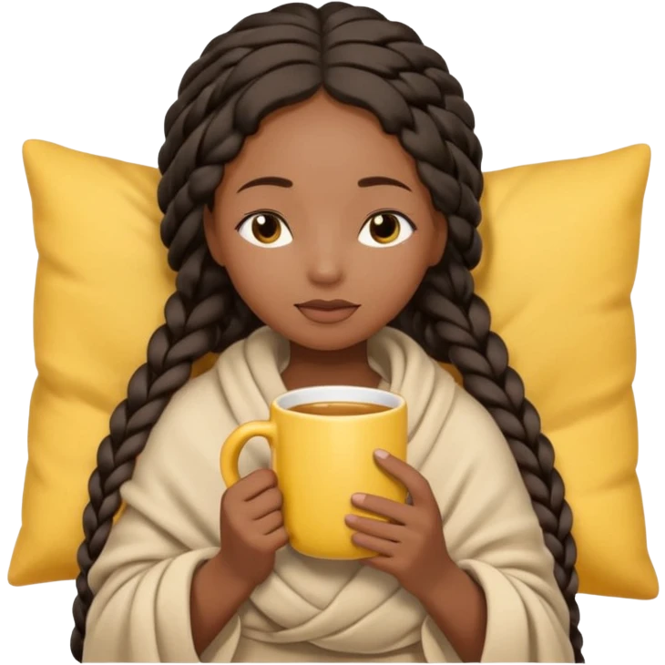 black girl with long braids, light bow in hair, wrapped in light beige blanket, eyes closed, holding a yellow mug, cozy cute emoji style emoji