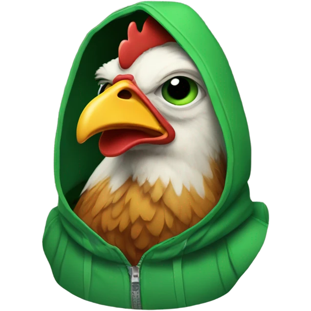 A chicken with an eye patch, wearing a green hoodie  emoji