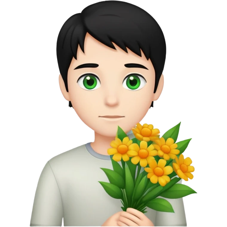 Boy with fair skin and black hair and green eyes with bouquet of flowers  emoji