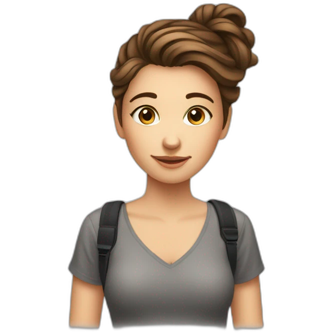 European Girl with brown hair up to shoulder, social media manager, with phone or laptop, camera emoji