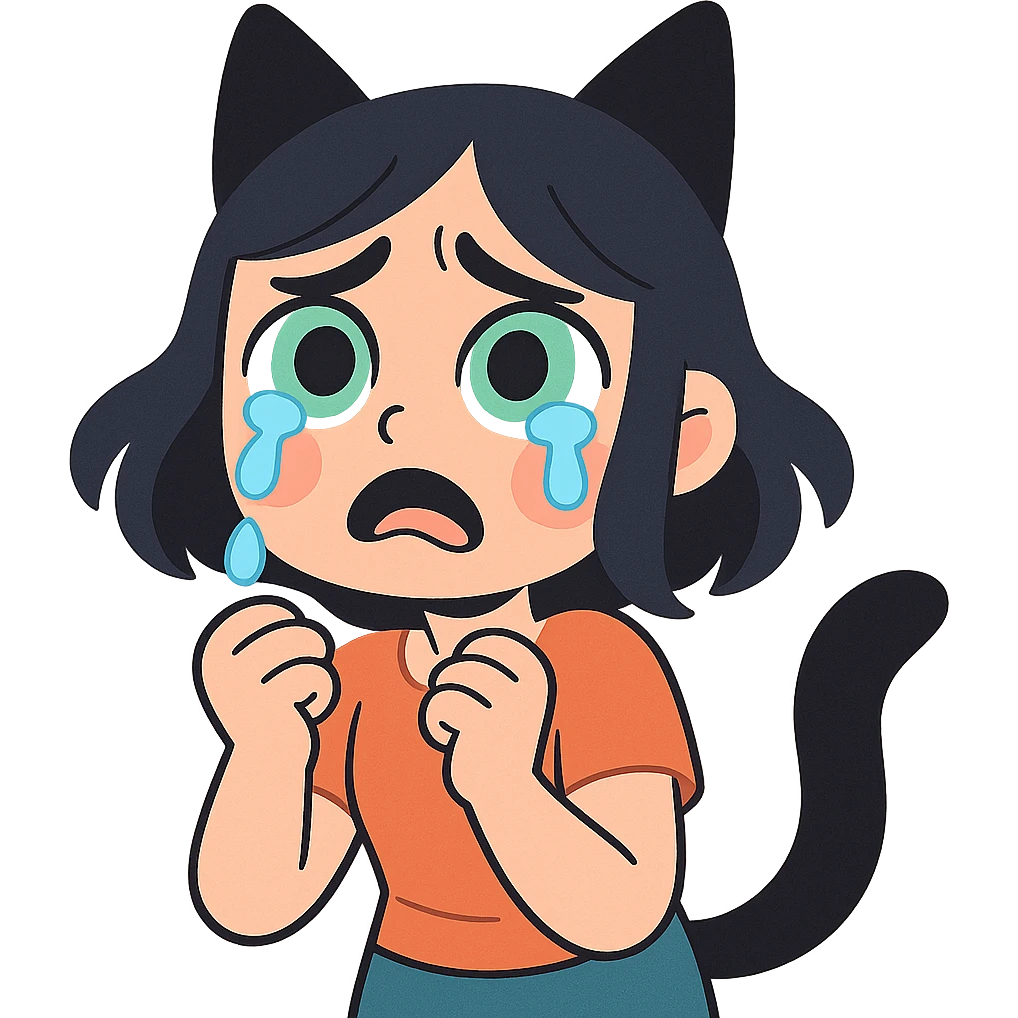 A girl with tears, black fox ears, and a tail, green eyes, dark hair emoji