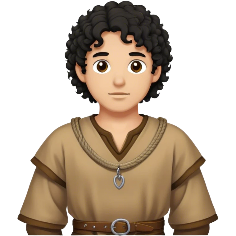 medieval outfit worn by a DnD themed fantasy character. basic wool tunic with a simple rope belt. clothes only above the waist. The clothes full waist. The character's haven't arms. character is curly black hair dark brown eyes short hair tan-skinned man. emoji