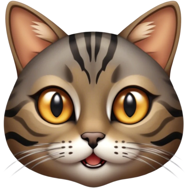 Cinematic Comical Grey and Black Brown Tabby Cat Portrait Emoji, Head tilted dramatically with an exaggeratedly shocked or offended expression, sleek grey-brown fur with bold black tabby stripes, wide amber eyes filled with exaggerated disbelief, Simplified yet hilariously expressive features, highly detailed, glowing with a slightly sassy glow, high shine, dramatic yet playful, stylized with an air of attitude, bright and endearing, soft glowing outline, capturing the essence of a sassy and over-the-top feline, so meme-worthy it feels like it could side-eye its way into internet fame instantly! emoji