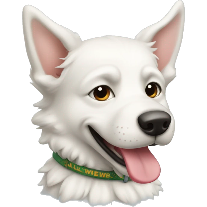 a white swiss sheperd dog with a smile and a collar saying: Arrow emoji