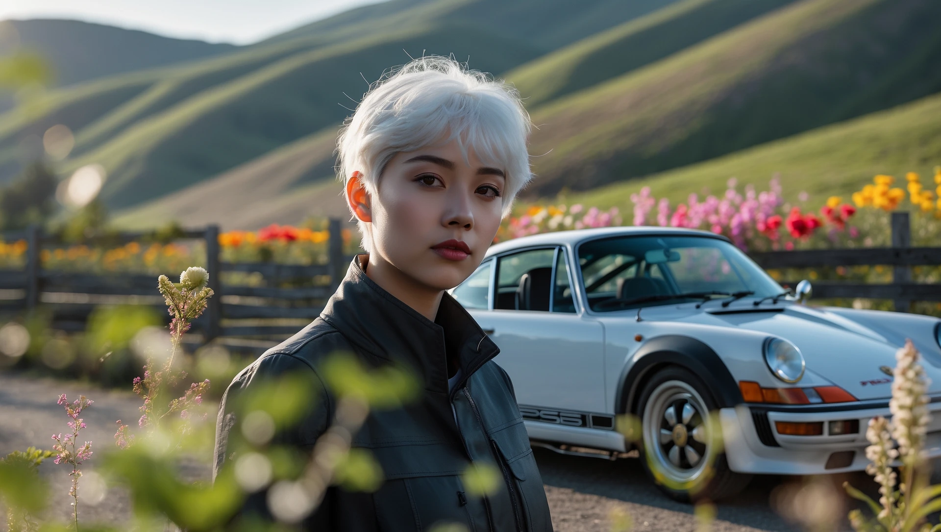 A portrait of a white person next to porsche 911 in the foreground, blurred plants in the foreground, a wooden fence and colorfull flowers in the midground, rolling hills in the background, cinematic depth of field, layered composition, natural lighting emoji