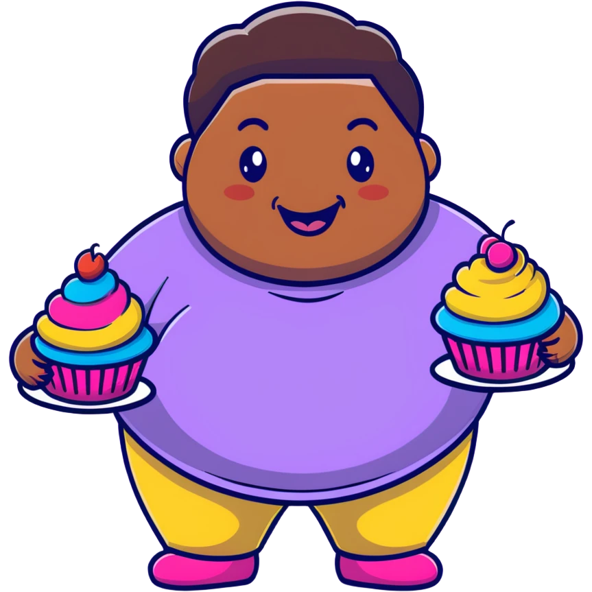 Extremely obese African American cartoon character with a very round face, smiling happily while holding colorful cupcakes emoji