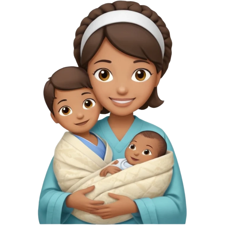Female nurse smiling with a small hair roll on top of head with medium brown skin and brown eyes holding one new born  emoji