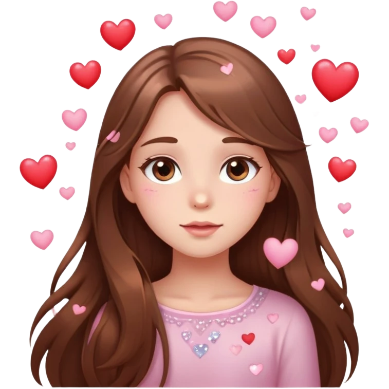 Girl with long brown hair blushing with sparkly eyes and little hearts floating around cartoon style delicate 🤩 emoji