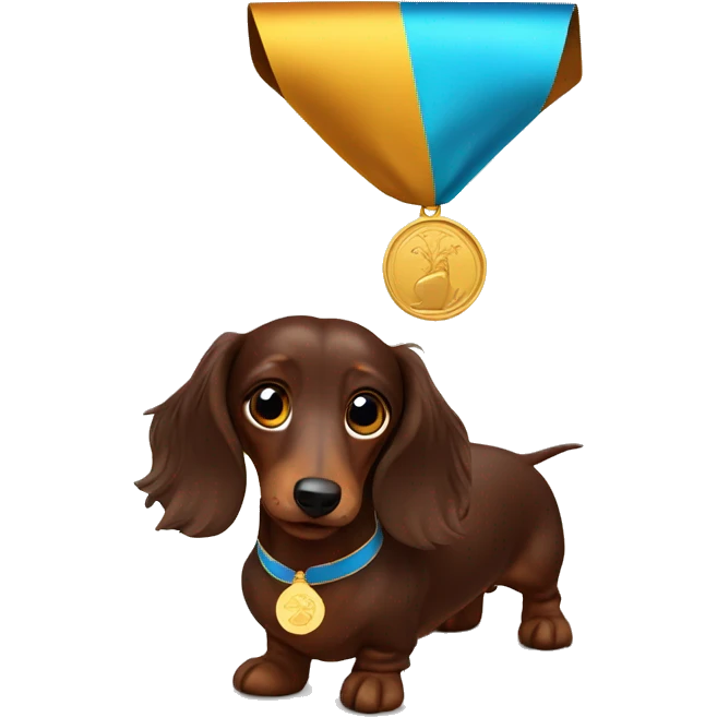 chocolate long-haired dachshund with a medal emoji