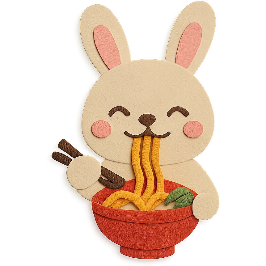 beige bunny happily slurping noodles in paper-craft style emoji
