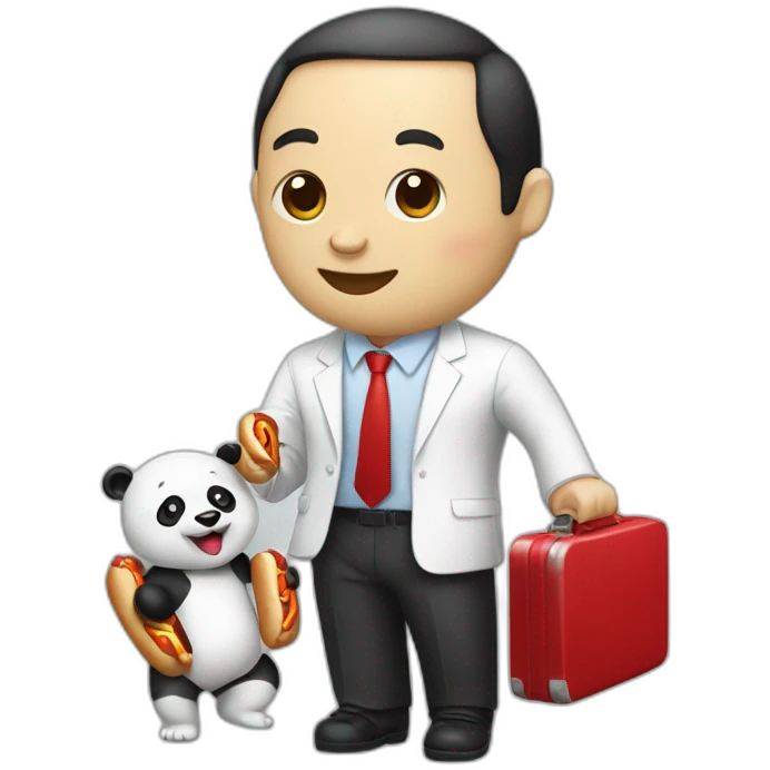 A professor with white suit and red tie and a panda face eating a hotdog and holding a black suitcase emoji
