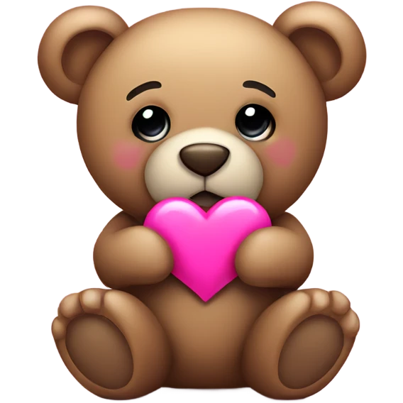 Teddy bear with sad eyes holding a pink heart emoji
