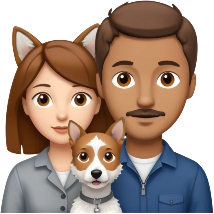 Quiero una pareja la mujer con el pelo castaño y el hombre con el color apenas moro hito con un perro Fox terrier blanco con gris  emoji