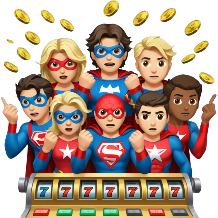 disheveled super heros losing money at a slot machine, panicked face, coins flying emoji