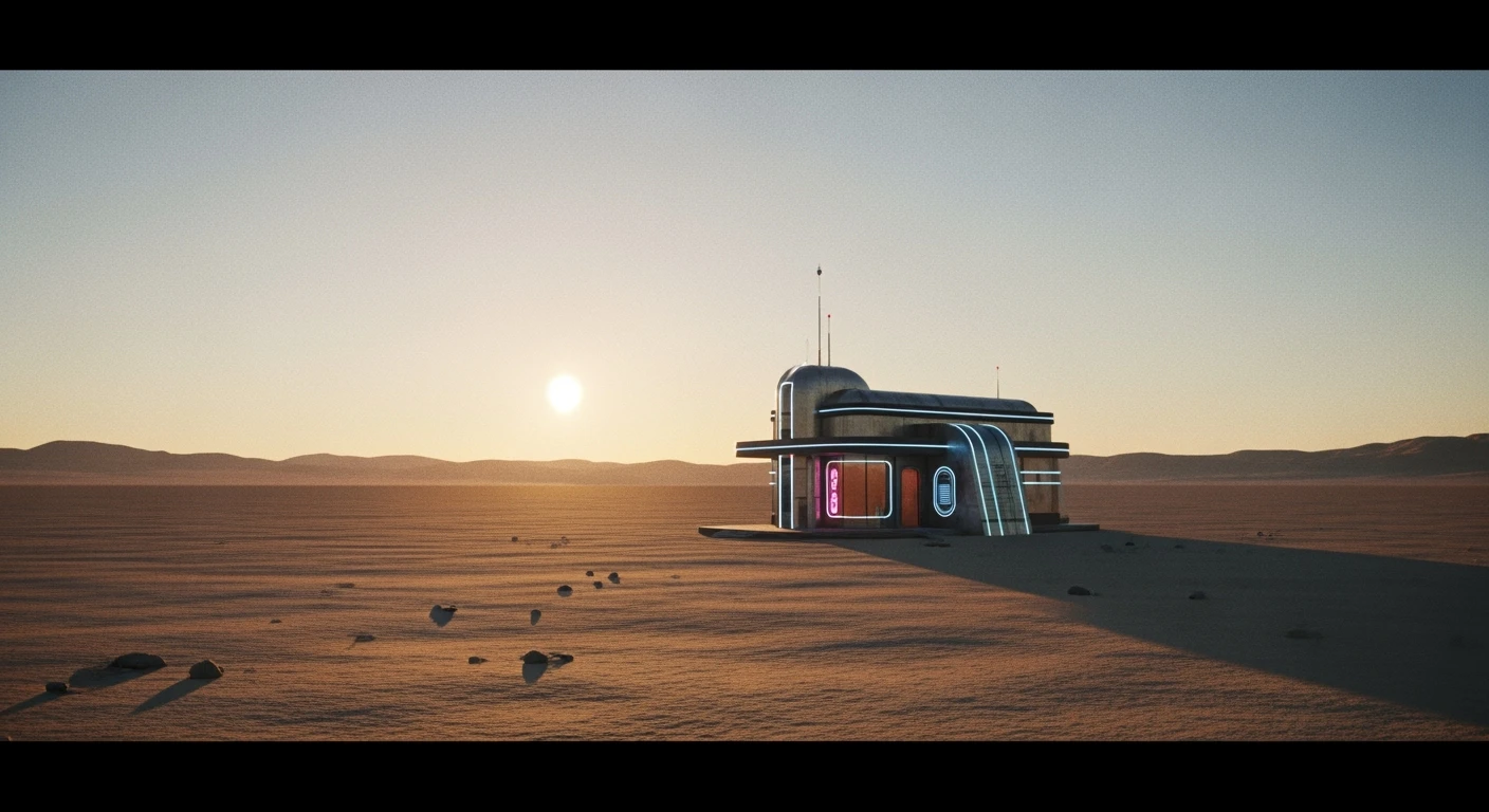 Cinematic still from 1990s Retro Space movie, film called Retro Futurism, Establishing scane showing desert with single small futuristic bulding, big landscape in background showing loneliness emoji