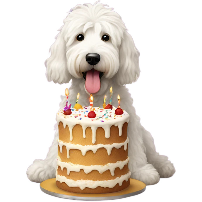Shaggy large White Goldendoodle eating birthday cake  emoji