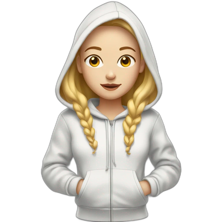 A blonde girl with smooth hair and a ray in the middle, she has light skin a few freckles, and she wear a hoodies  emoji