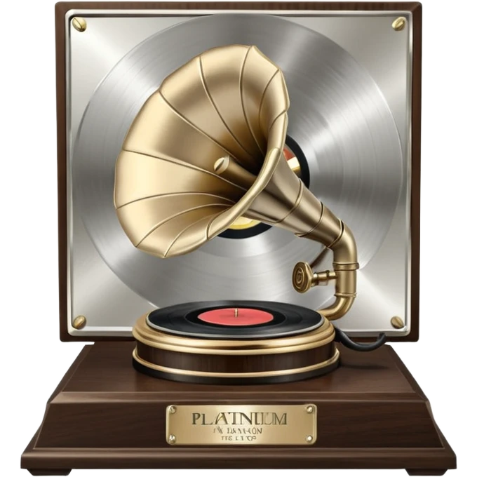 A platinum music award plaque: a square, polished platinum plate with a subtly textured, mirror-like finish, mounted on a simple dark wood base. The center features a relief of a vintage gramophone or stylized vinyl record in a slightly darker metallic tone.  emoji