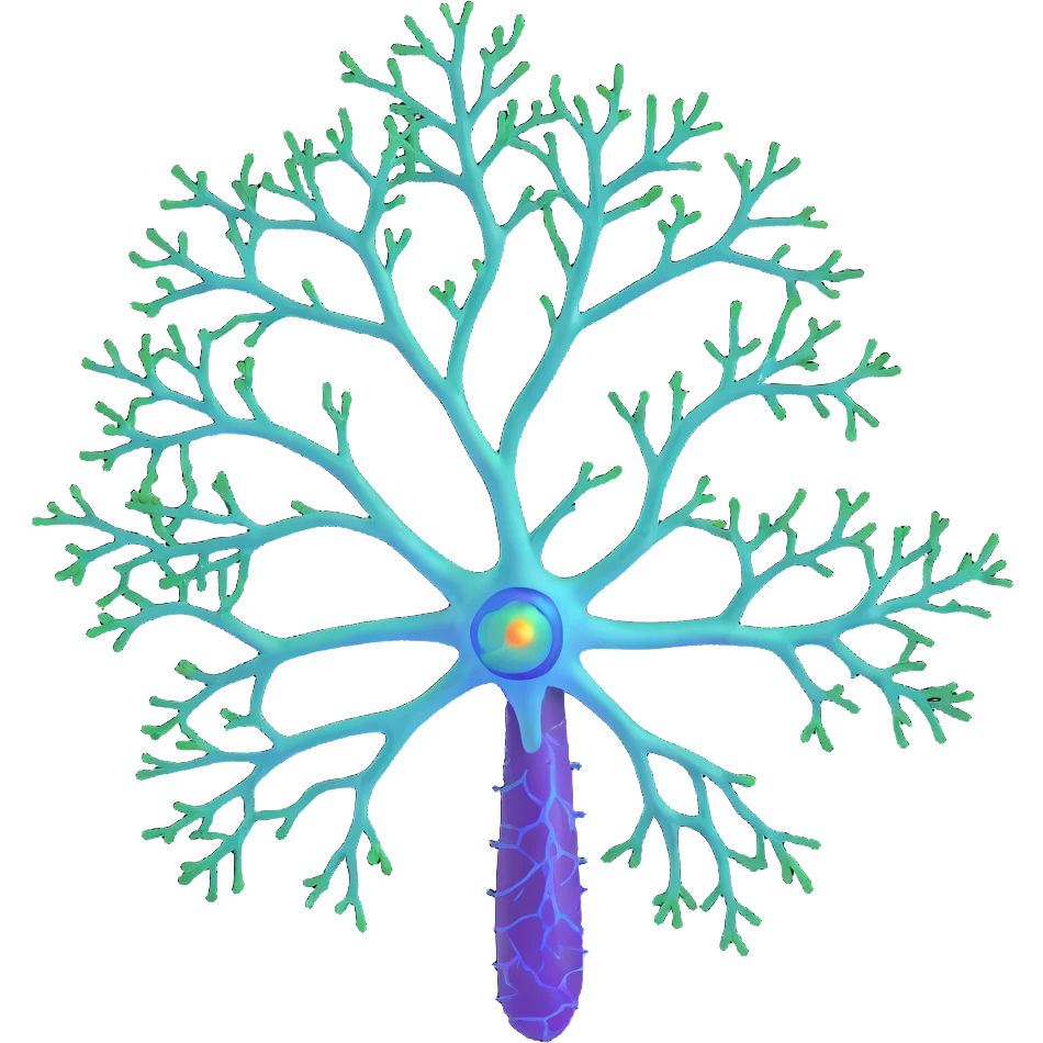3D anatomical neuron illustration with blue cell body (soma), purple dendrites branching out, long green axon with myelin sheath, glowing shield-like protective aura surrounding the entire neuron, highly detailed scientific diagram emoji