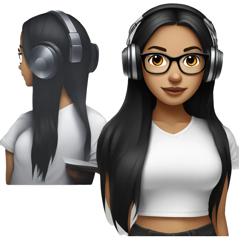 Fair skinned girl with brown eyes and long straight black hair with a black t shirt with glasses on with headphones on mixing on a dj mixer emoji